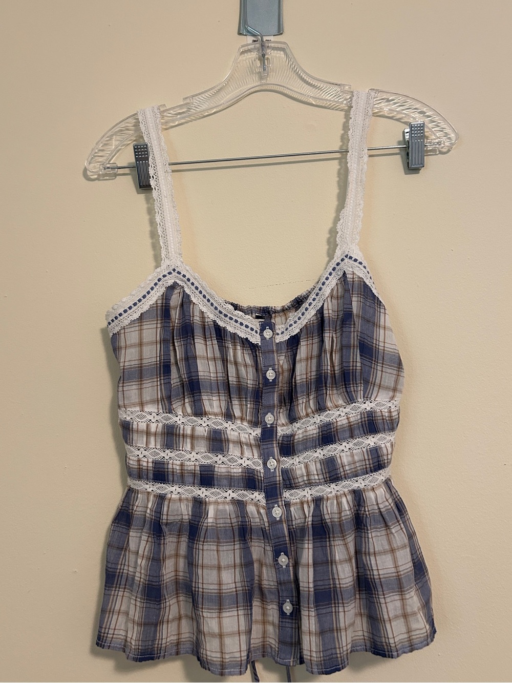 American Eagle Outfitters Blue and White Plaid Lace-Trim Tank Top